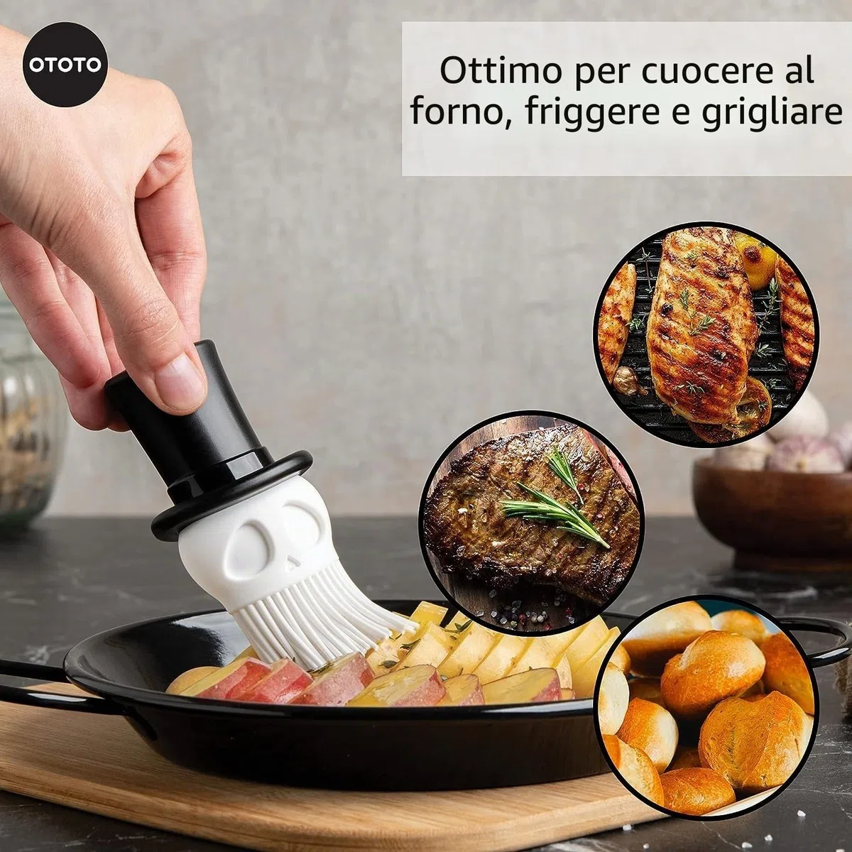 OTOTO Skully - Pennello da pasticceria in silicone, regalo da cucina, regali spettrali, accessori da cucina a forma di teschio, spazzola per cucinare - regalo da cucina, gadget da cucina, regali