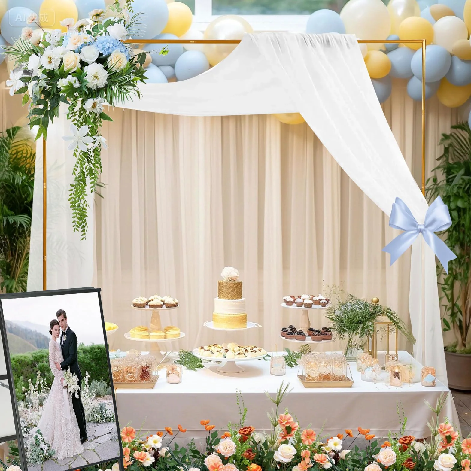 Arco di nozze in metallo, 2,5 x 2,5 m, regolabile, con base, arco di fiori, per anniversario, compleanno, festa, sfondo (6,6 FT x 6,6 FT)