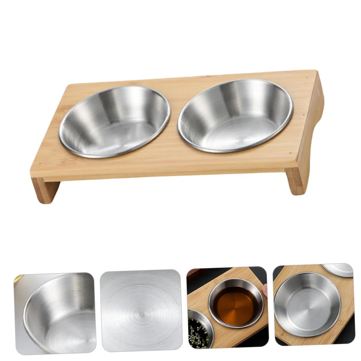 Set 1 Piatto Di Salsa e Piatto Di Condimento in Acciaio Inox 304 Base in Legno, Resistente e Profondo, Per Antipasti e Buffet Domestici