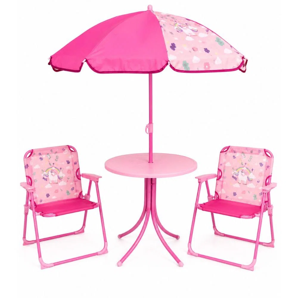 Set Bimbi 2 Sedie + Tavolo con Ombrellone – Pieghevole, Altezza Regolabile, Leggero e Portatile – Ideale per Giardino, Spiaggia e Casa (Rosa)