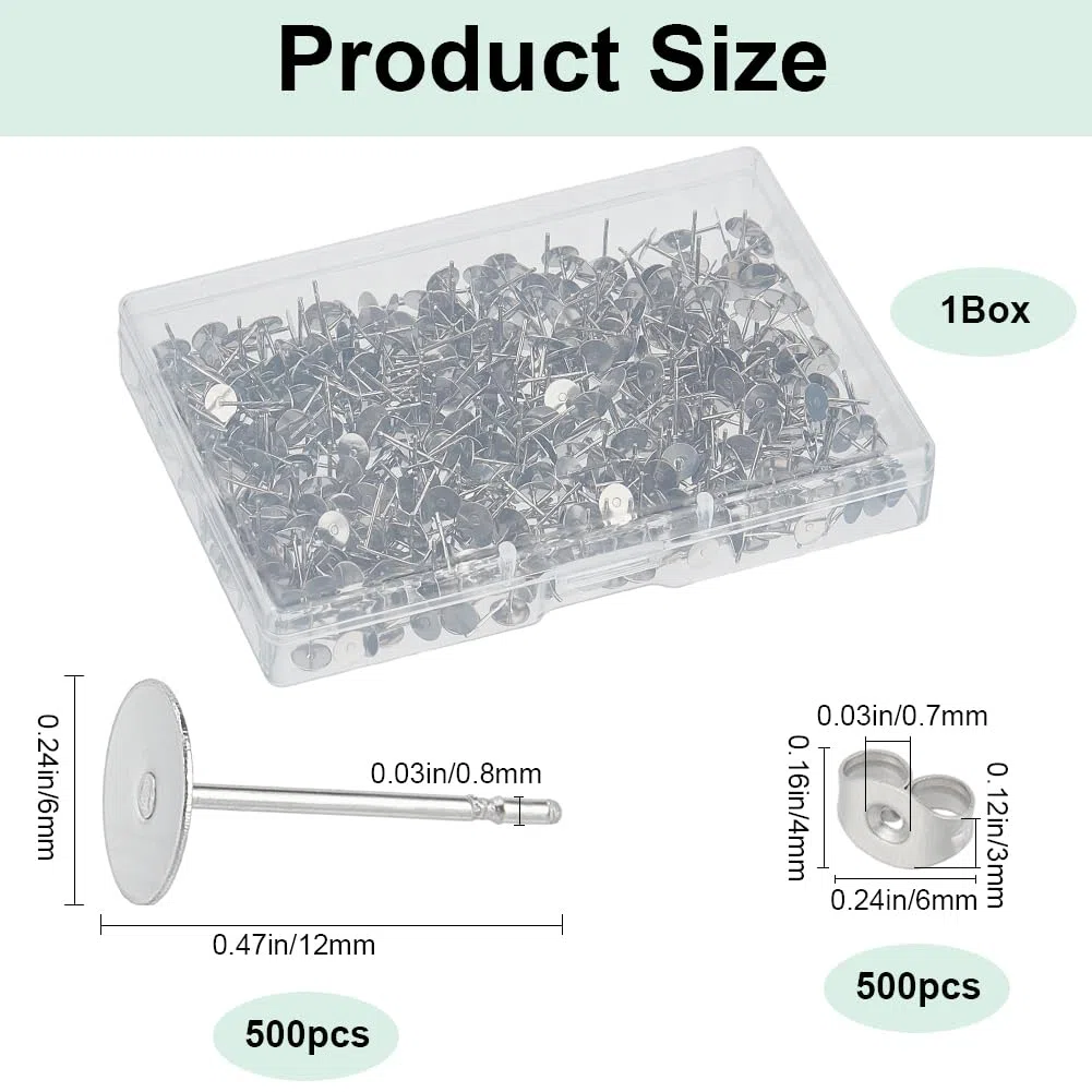 1 scatola da 1000 orecchini a perno da 6 mm, in acciaio inox, con cuscinetto piatto ipoallergenico, rotondi, vuoti, per la creazione di gioielli e artigianato