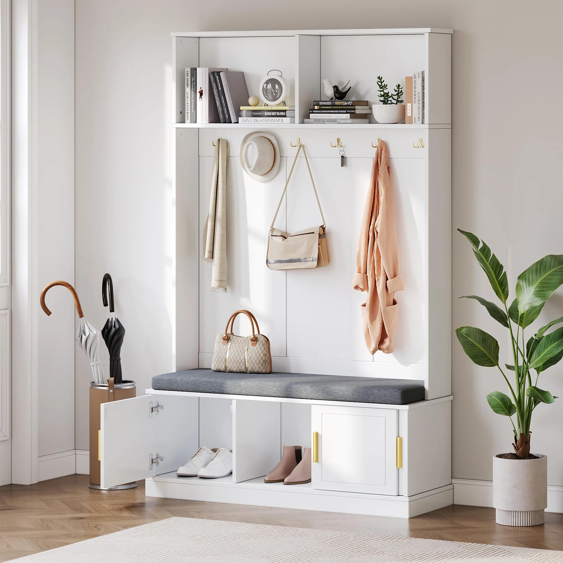 Appendiabiti con panca per scarpe, guardaroba, 6 ganci tripli, indipendente, salvaspazio, per ingresso, corridoio, 120 x 40 x 191 cm (bianco)