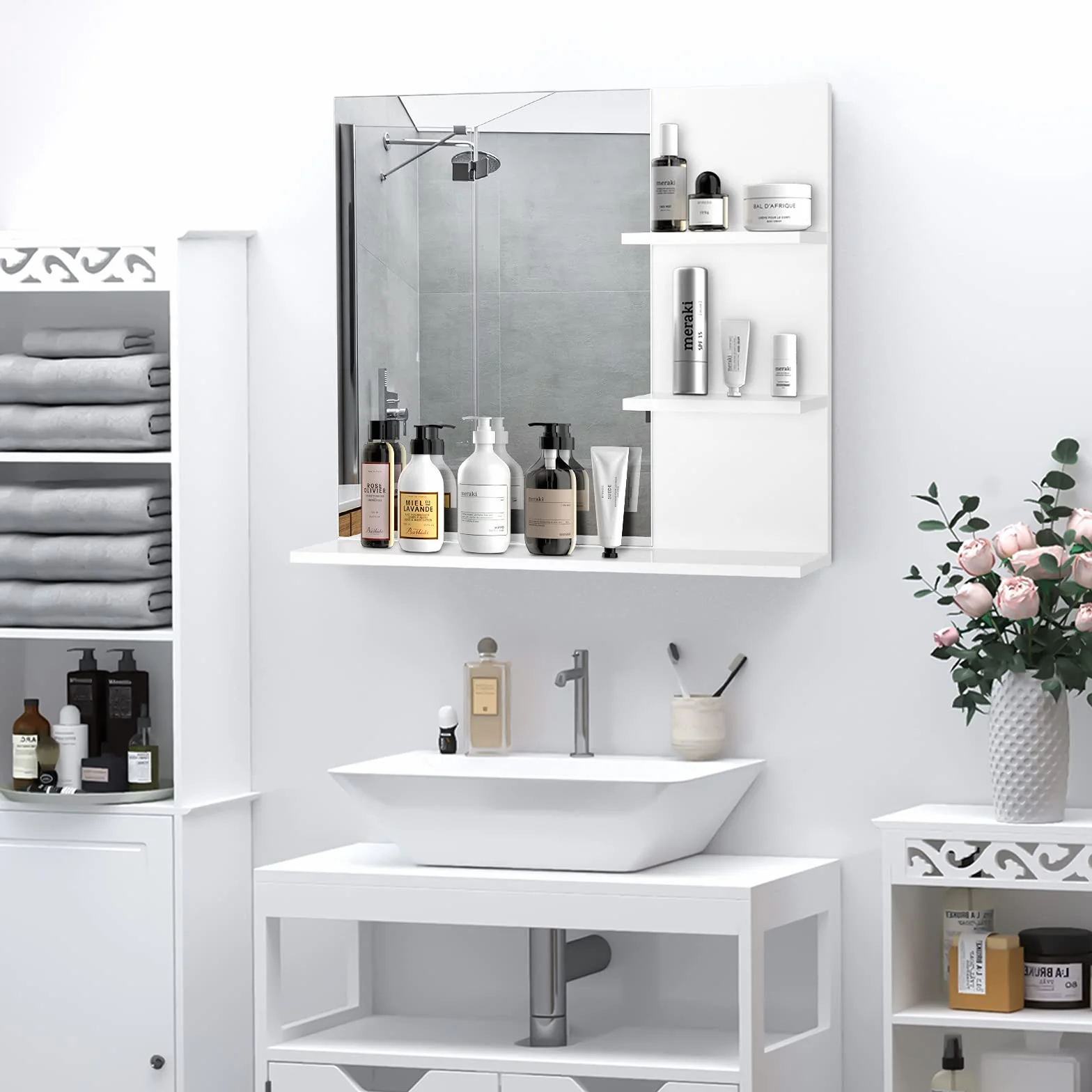 kleankin Specchio da Bagno con 2 Ripiani Laterali e Ripiano Inferiore, Specchio Moderno con Montaggio a Parete, in MDF e Vetro, 60x10x48 cm, Bianco