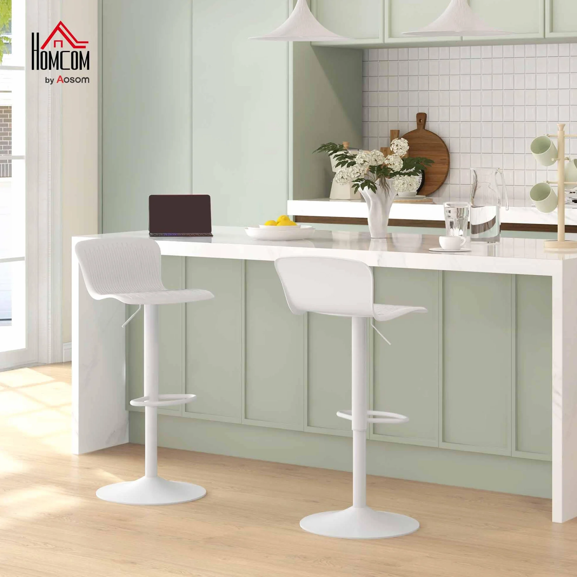 HOMCOM Set 2 Sgabelli da Bar con Schienali Ergonomici, Poggiapiedi, Sgabelli Cucina Alti Regolabili in Polipropilene con Seduta Girevole e Base Antiscivolo per Sala da Pranzo, Penisola Cucina, Bianco
