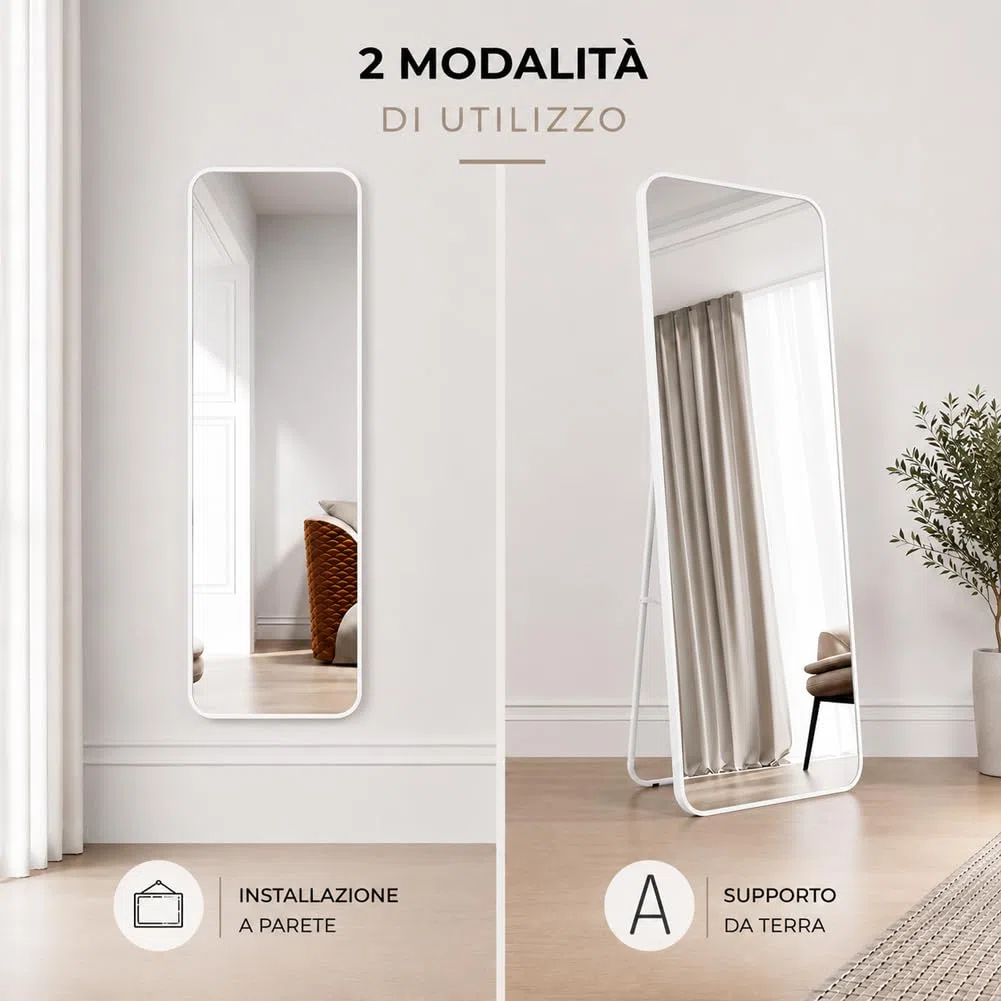 Shally Dogan Specchio da Terra e da Muro Rettangolare, Stand Autoportante Indipendente e da Parete, Decorazione Interna, Design Minimal, Figura Intera e Cornice in Alluminio, 155 x 45 cm, Bianco