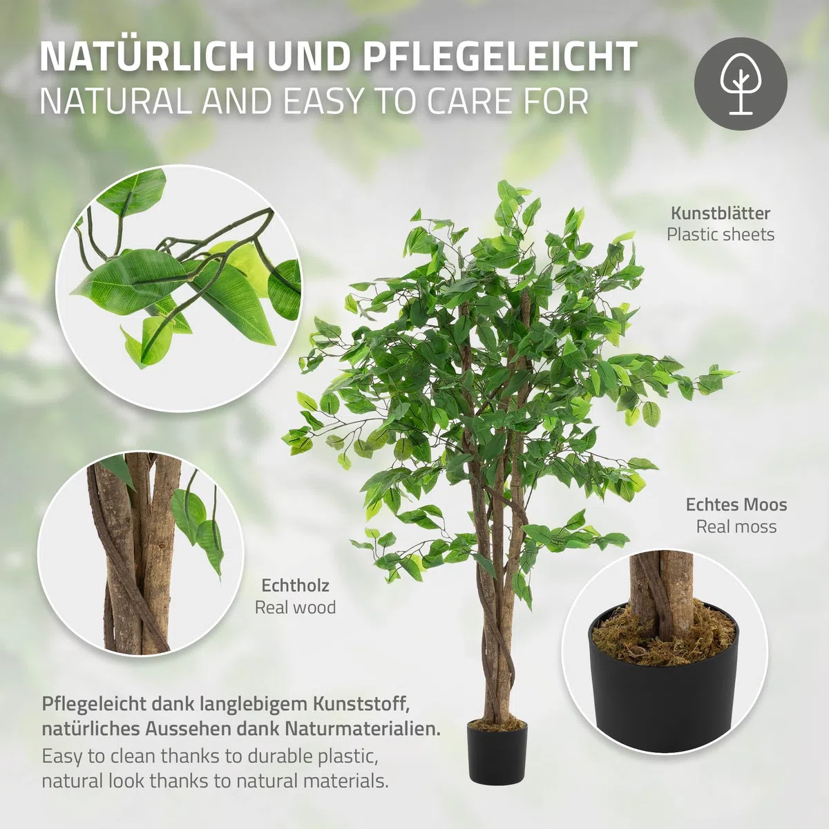ML Design - Pianta artificiale Ficus, 120 cm, piante artificiali grandi come vere, finte da interno con tronco in legno naturale, per interni ed esterni, facile da pulire, per soggiorno e ufficio