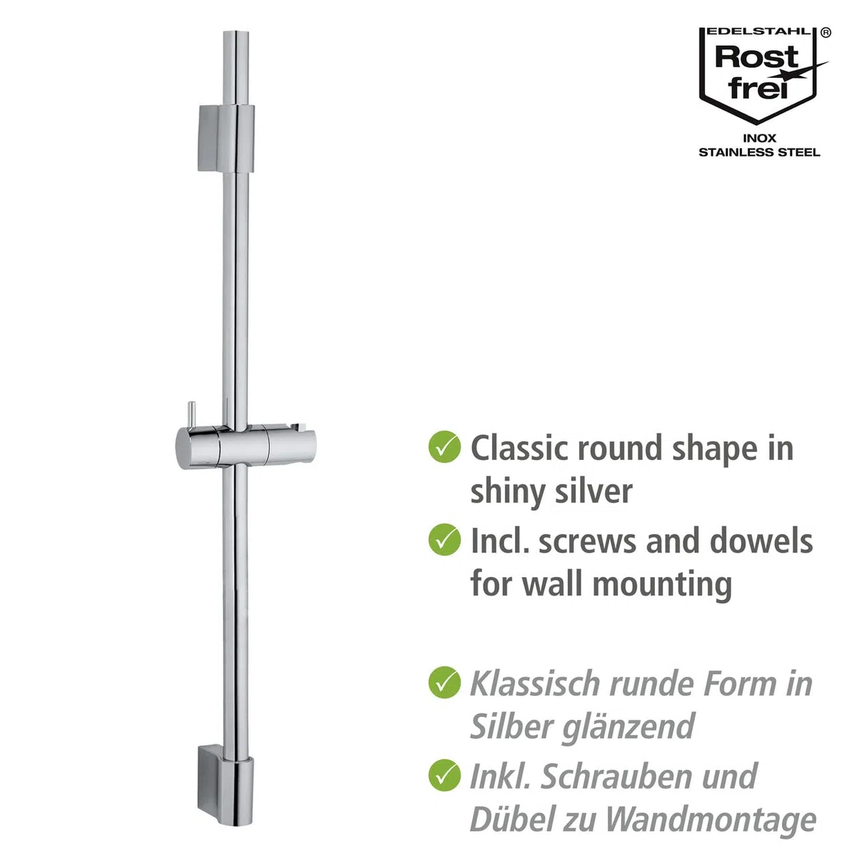 Wenko Asta per doccia Classic, asta per doccia con supporto per doccetta a mano per doccia o vasca in acciaio inossidabile con supporto a parete mobile, dimensioni (L/P x A): Ø 2,2 x 70 cm, cromata