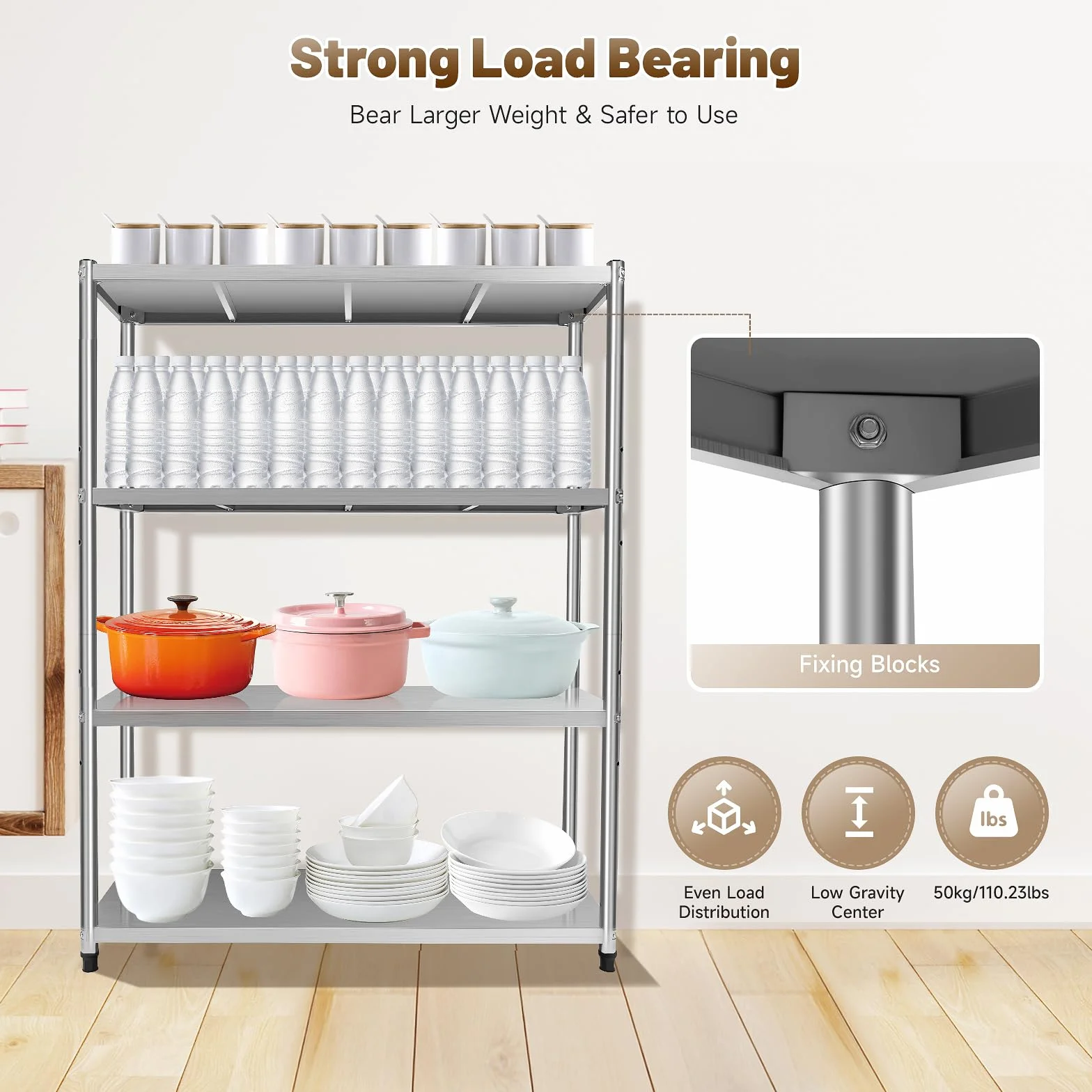 Scaffale da cucina in acciaio inox, per carichi pesanti, 120 x 40 x 150 cm, 4 ripiani in acciaio inox, per uso commerciale e domestico, con strati antiscivolo e struttura modulare