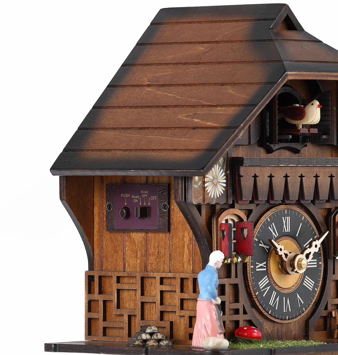 Kintrot Orologio a cucù tradizionale della Foresta Nera artigianale in legno orologio da parete al quarzo con 12 melodie