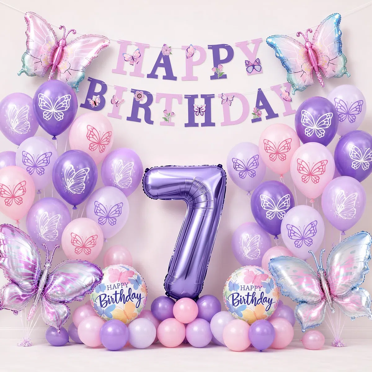 Palloncini Farfalla Compleanno 7 Anni, XXL Farfalla Festa Decorazioni, Palloncino Numero 7 con Happy Birthday Striscione, per Festa Compleanno Farfalle Bambina