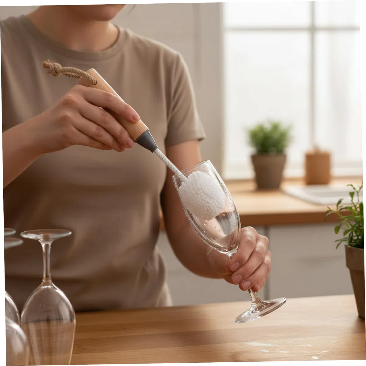 Set di 2 detergenti per bicchieri da vino, spazzole per la pulizia di bottiglie d'acqua con setole antigraffio, con manico in legno, sicure per cristalli, flute da champagne e calici da cucina