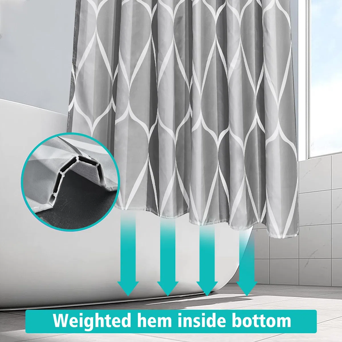 Tenda Doccia 180x200 cm, Tenda per Doccia Polyester Lavabile, Tende Doccia Asciugatura Rapida con 12 Ganci, Tenda Vasca da Bagno per Casa Hotel, Orlo Ponderato, Grigio Onde