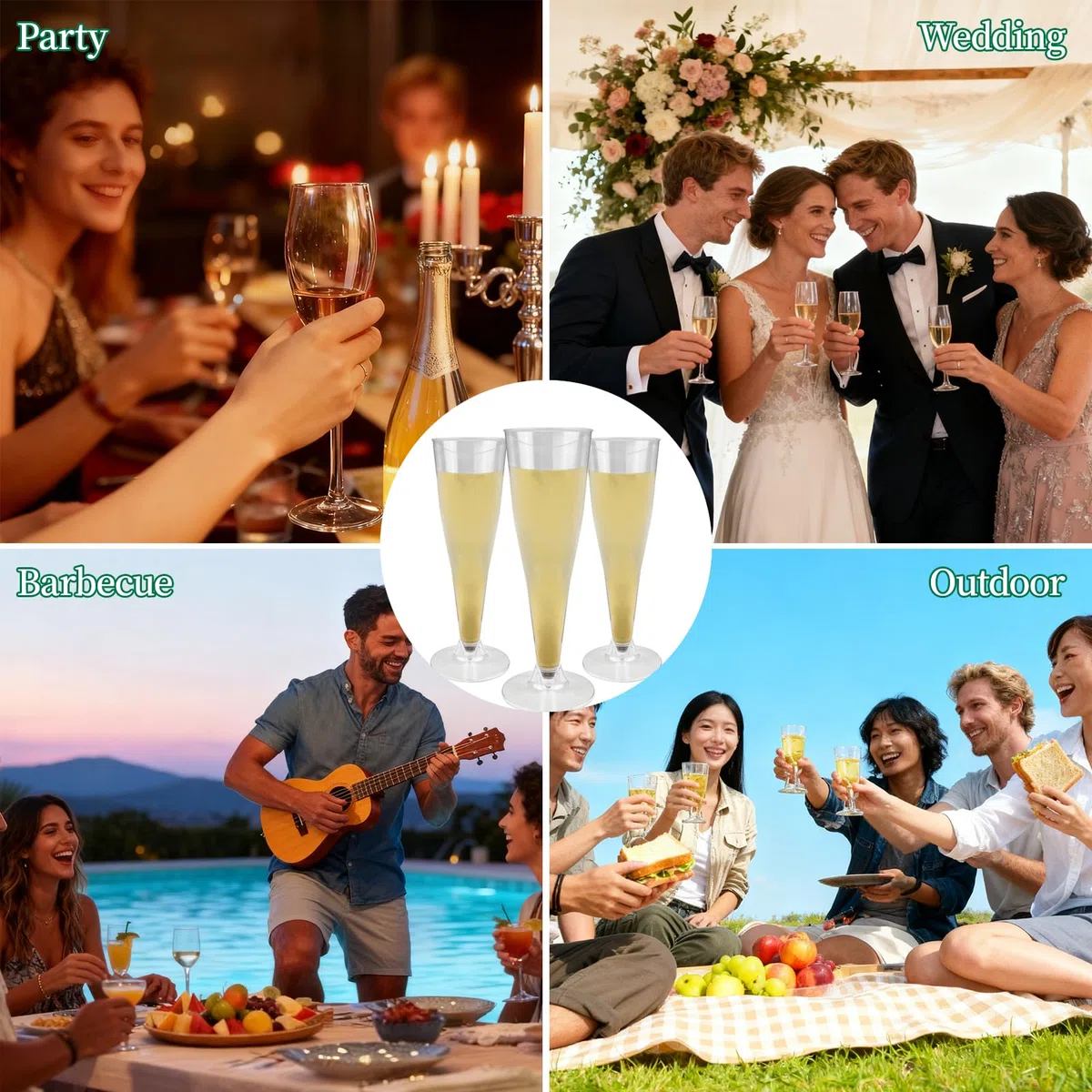 Flute da Champagne Eleganti in Plastica, 135ml, Trasparenti, Resistenti e Riutilizzabili, Facile da pulire, alta qualità Flute,per Feste, Compleanni, Matrimoni, Capodanno.