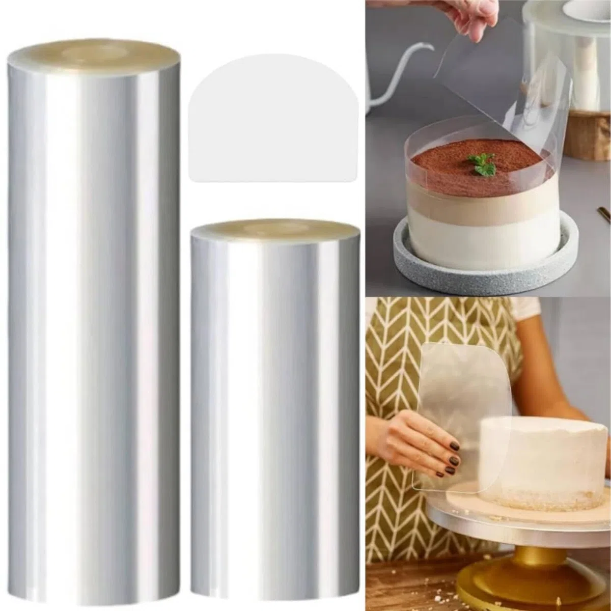 Torta Collare 20cm,Rotolo Acetato Trasparente,Colletto per Torta Mousse,Rotolo Nastro Acetato per Dolci Trasparente,für Torte Schokolade Mousse Kuchen Dessertringe (2 Roll（8cmx 5m+12cmx 5m))