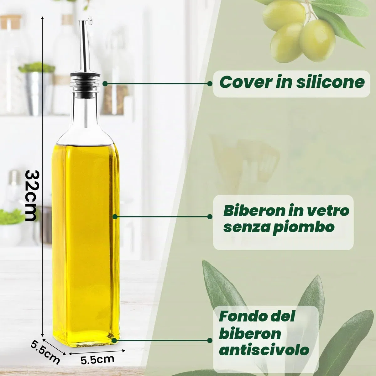 Bottiglia d'olio, 2 confezioni da 500 ml, set di dispenser per aceto e olio, bottiglia di olio d'oliva, contenitore con imbuto copertura antivegetativa di vetro per cucina e barbecue