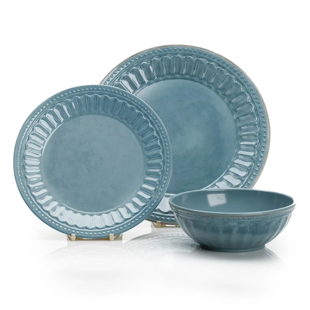FLAMEFIELD VINTAGE BLUE Set da 12 pezzi in melamina - Stoviglie eleganti ispirate alla Riviera, durevoli e resistenti alla rottura per una cucina di lusso, lavabili in lavastoviglie
