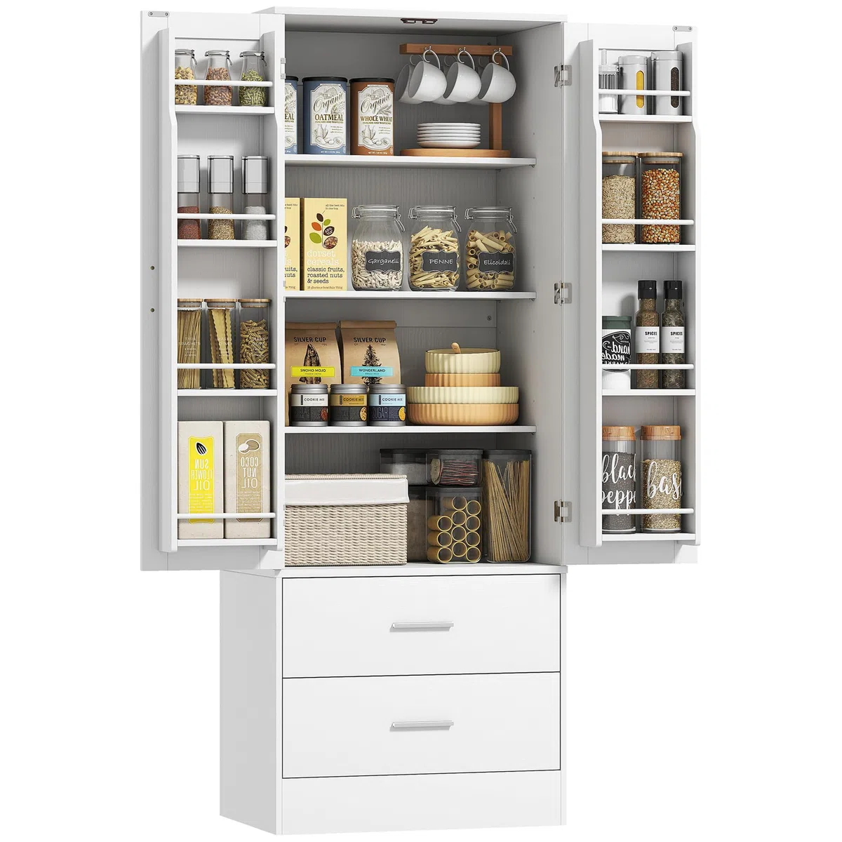HOMCOM Credenza Cucina Alta 159 cm, Mobile Cucina con 8 Portaspezie sulla Porta, 2 Ante e 2 Cassetti, Mobile Dispensa Moderno con Ripiani Regolabili, per Sala da Pranzo, Soggiorno, Bianco