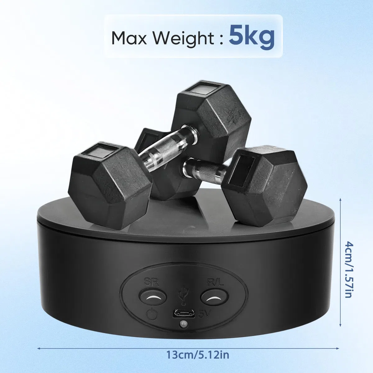 Espositore Girevole Elettrico, Elettrico Rotante Giradischi a 360 Gradi 13 cm, Portata 5 kg Ideale per Fotografia di Prodotti, Giocattoli e Gioielli Alimentazione a Batteria o USB Silenzioso