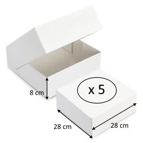 Set di 5 scatole per torte in cartone - Lunghezza x Larghezza: 28 cm x 28 cm, Altezza 8 cm