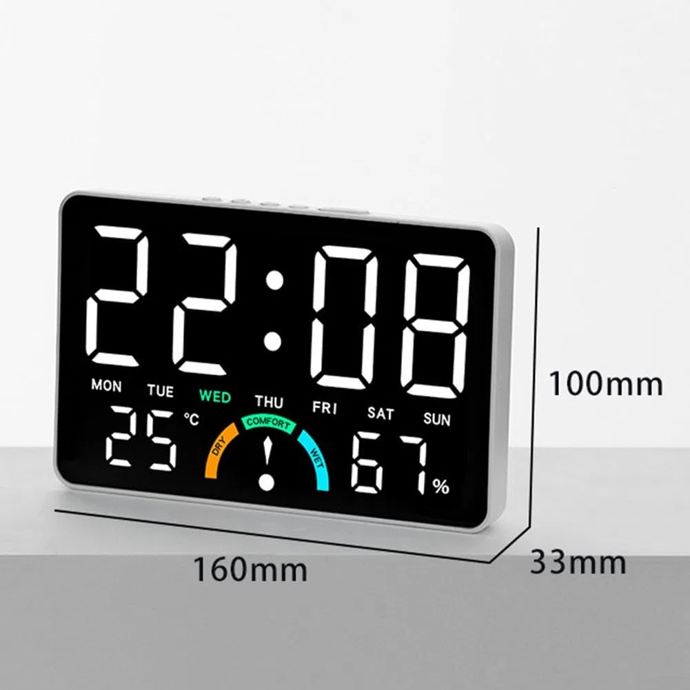 Grande orologio digitale a LED con ora, umidità, temperatura, data, sveglia e indicatori di livello di comfort, progettato per appendere alla parete o da installare in piano (bianco)