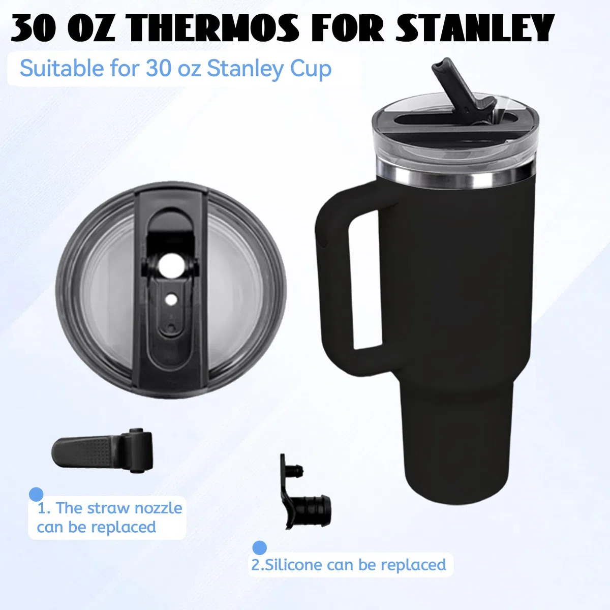 2 Stanley Cup a prova di perdite, coperchio di ricambio per Stan-ley 30 oz, coperchio per Stanley Cup, accessori per Stanley Cup, con 2 cannucce e 1 Strumenti ausiliari di smontaggio(2 nero)