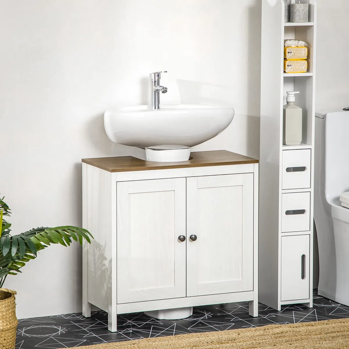 kleankin Mobile Sotto Lavabo Bagno a U con Ripiano Interno Regolabile e 2 Ante, Mobiletto Bagno in Truciolato, per Lavabi con o senza Colonna, 60x30x60 cm, Bianco e color Noce
