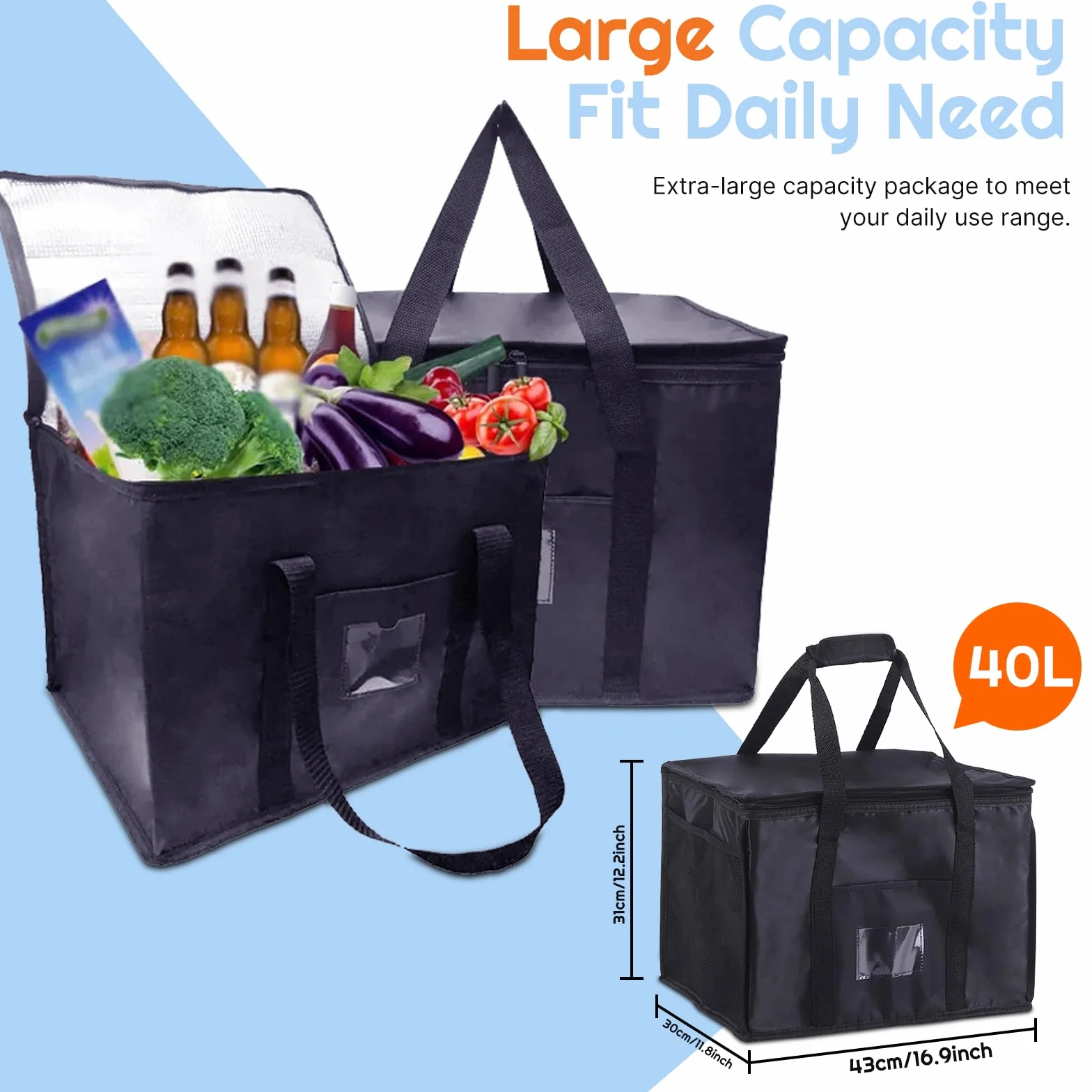 SUOXU Borsa termica termica da 40 l, grande, pieghevole, isolata, per picnic e shopping, borsa termica per campeggio, barbecue e consegna di cibo (nero)