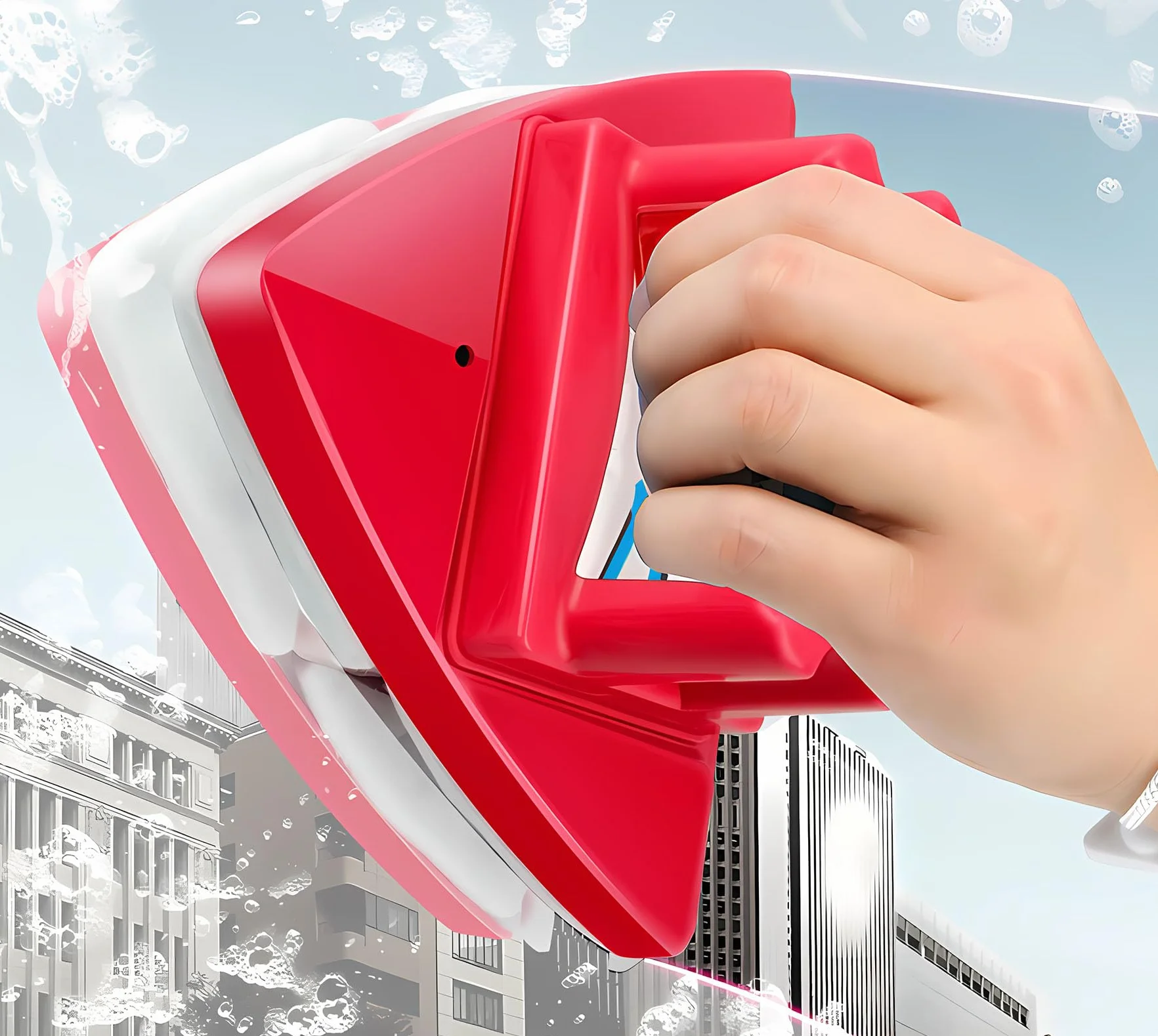 Fcare Pulitore magnetico per finestre, spazzola per finestre a doppia faccia, strumento di pulizia regolabile, per la pulizia di finestre ad alto livello, spessore 0,8-3 cm (rosso)