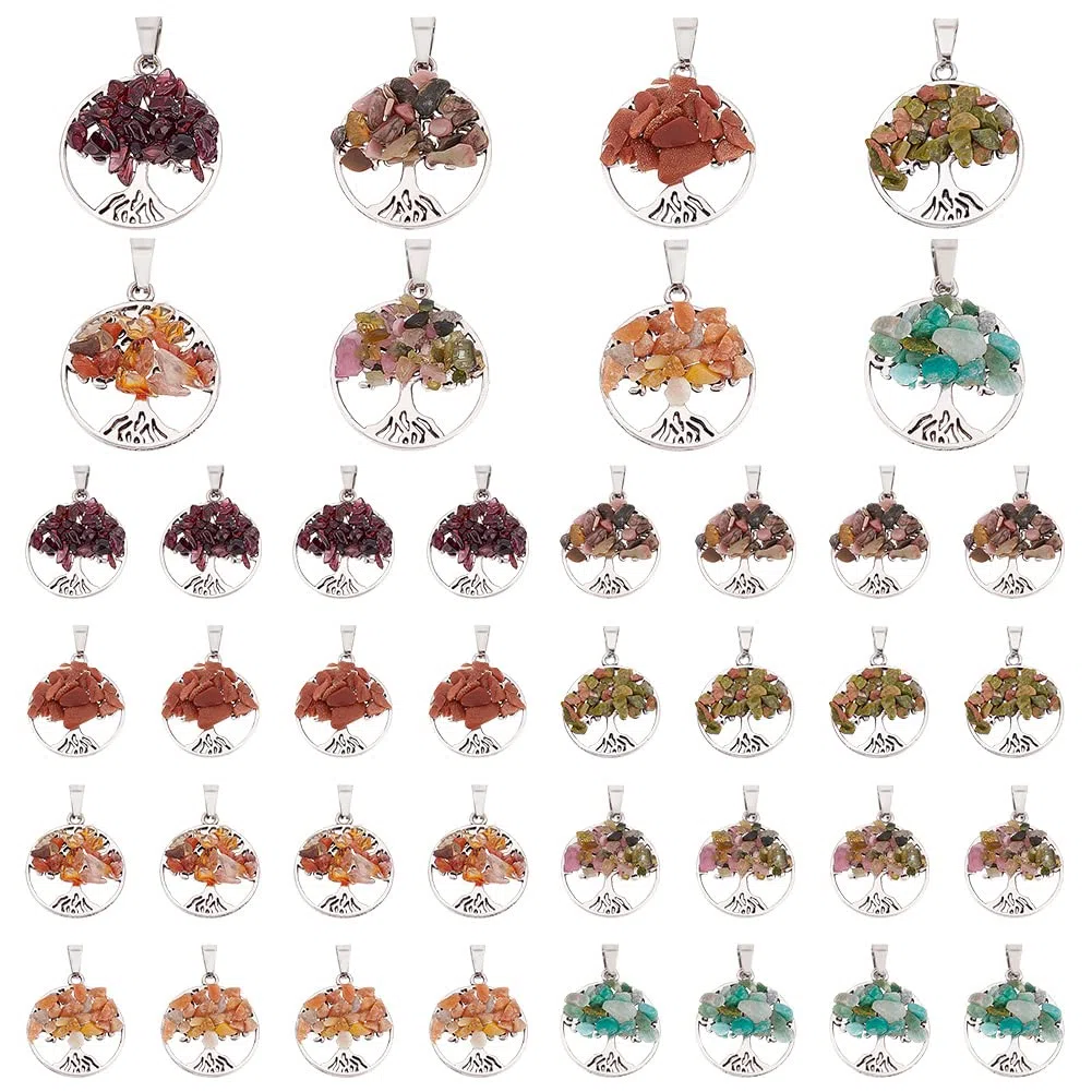 PH PandaHall 32pz Ciondolo Albero della Vita con Pietre, 8 Stile Charm Pendente Albero della Vita Ciondolo Rotondo Argento Ciondoli Pietre per Collane Bomboniere Portachiavi Fai da te