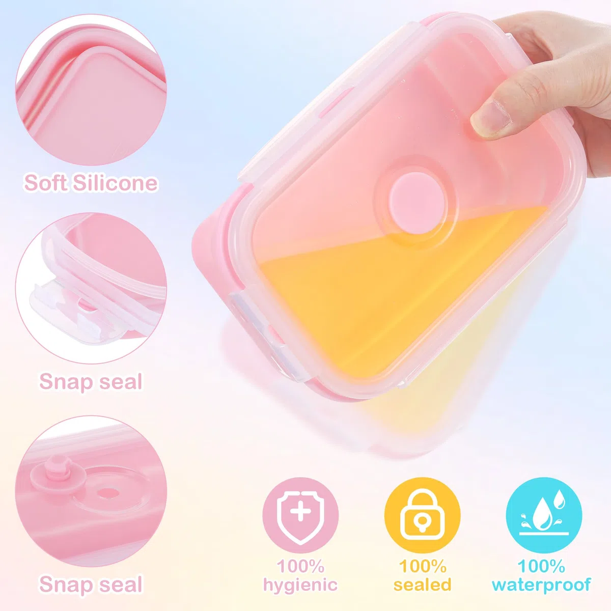 3 Pezzi Contenitori Pieghevoli per Alimenti 550ML, Portable Pranzo del Silicone, Set Contenitori Silicone per Alimenti Picnic Campeggio Scuola Ufficio