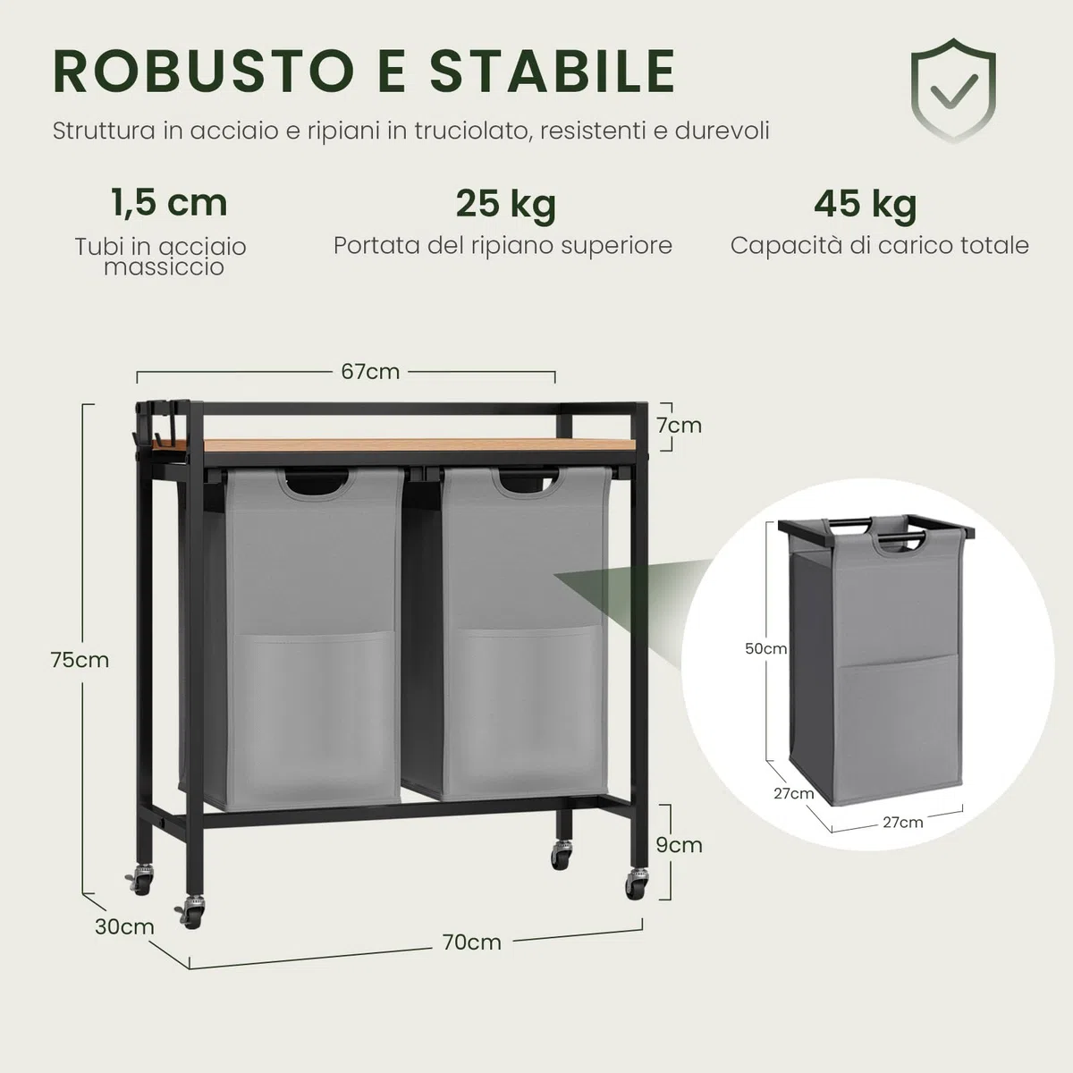 EUGAD Cesto Portabiancheria, 2 Sacchi in Tessuto Oxford Rimovibili, Porta Biancheria, Struttura in Metallo, per Bagno e Lavanderia, 70x30x71cm, Capacità 40L per Cesto