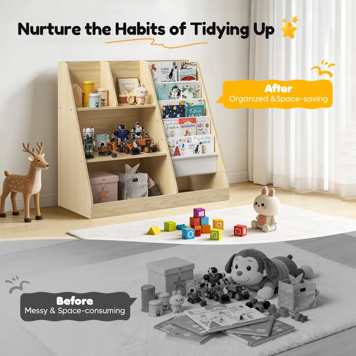 Libreria per bambini, a 5 ripiani, con 4 scomparti aperti, libreria in legno per bambini, camera da letto, sala giochi, aula e asilo nido