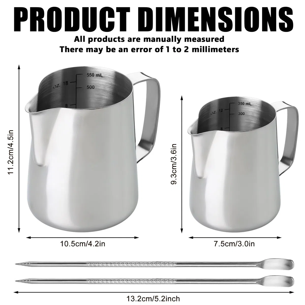 Bricco per latte in acciaio inox, 350 e 600 ml, per cappuccino, espresso e barista