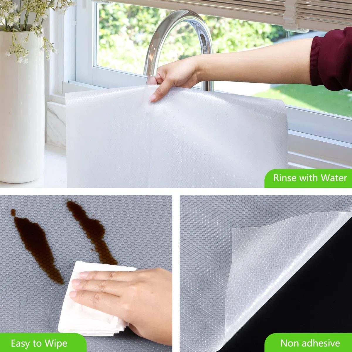 Fodere per scaffali per armadi da cucina Fodere per frigorifero Fodera impermeabili e resistenti all'olio Tappetini per cassetti Materiale EVA Fodera per frigorifero non adesivo Trasparente 44x200cm