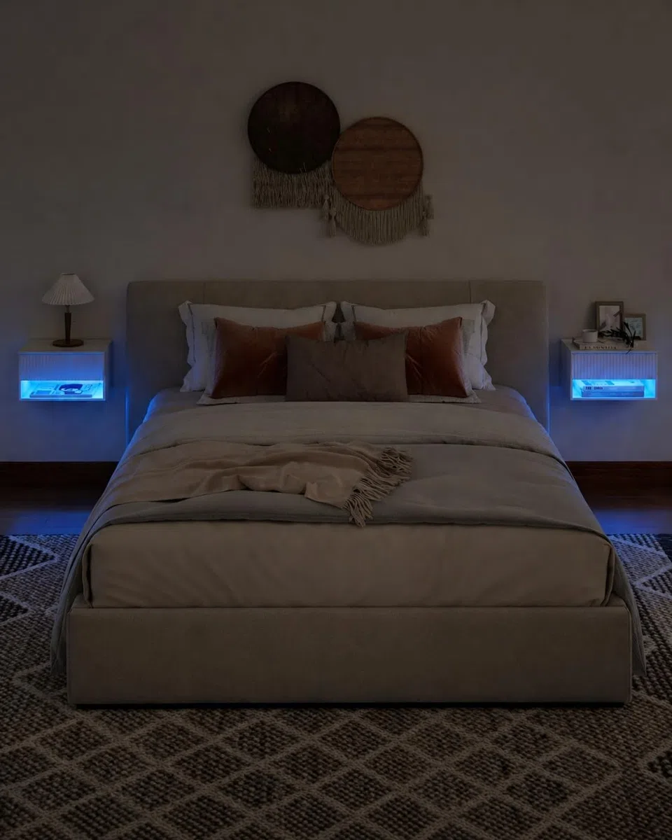 Set 2 Comodini Sospesi Bianchi Comodini da Parete con Cassetto e Vano Aperto Comodini Moderni per Camera da Letto Effetto RGB Decorativo 40 x 30 x 22,5 cm