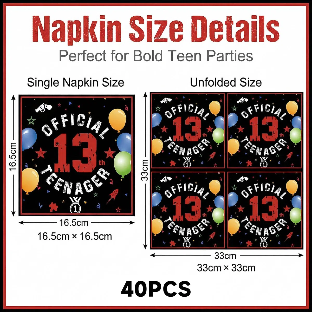 Official Teenager 40 Pezzi Tovaglioli Compleanno 13 Anni, Colorati Festa Tovaglioli con Palloncini, 33x33cm Tovaglioli USA E Getta per Ragazzi E Ragazze Decorazione Festa