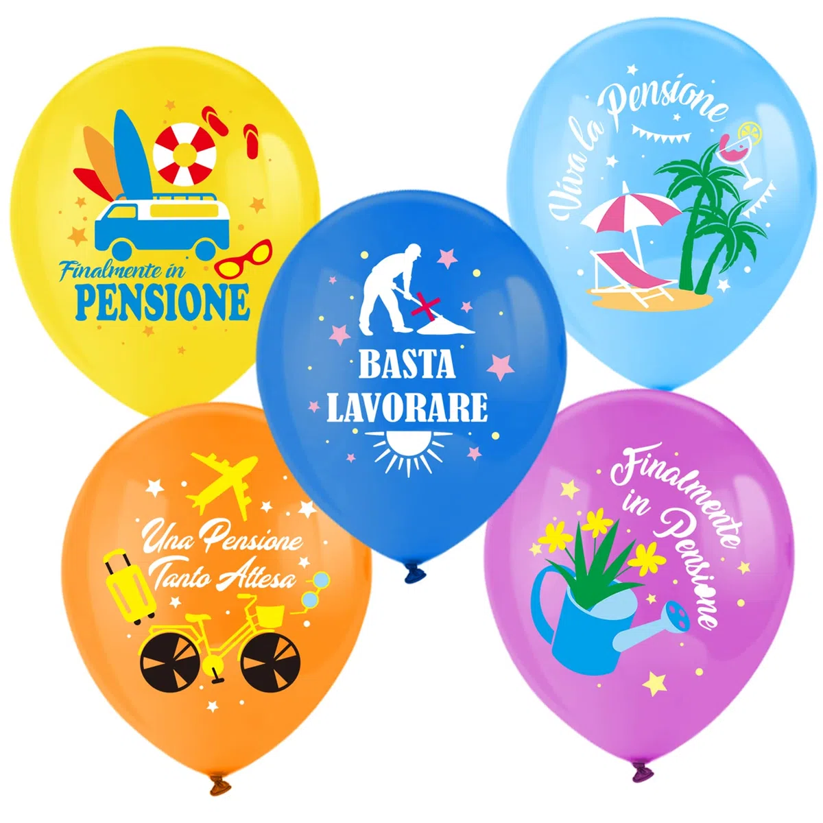 DPKOW 25pz Palloncini Pensione Colorati Palloncini Pensione Italiano Finalmente in Pensione Palloncino in Lattice Viva la Pensione Decorazione Addobbi Gadget per Festa di Pensionamento Donna Uomo