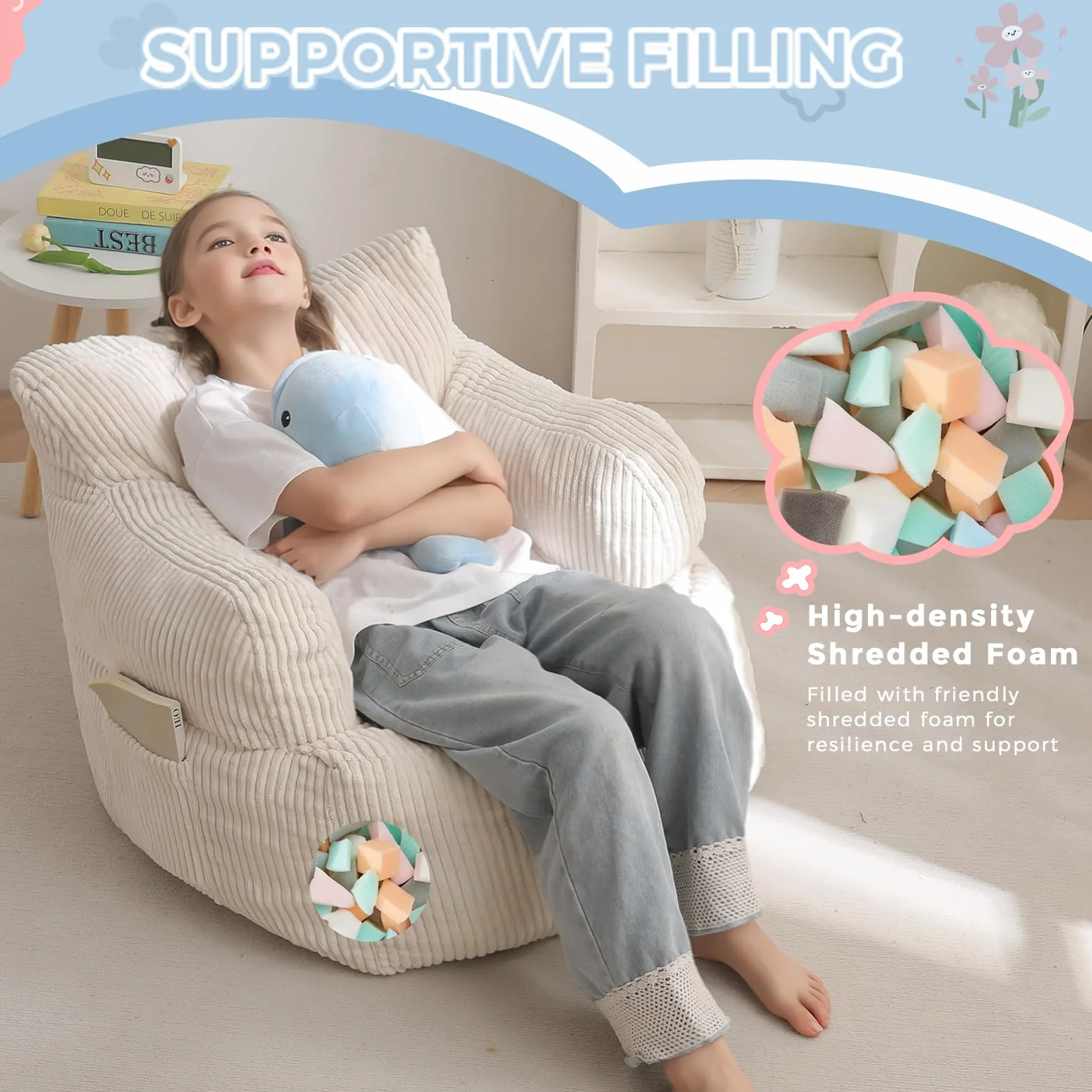 MAXYOYO Sedia a Sacco per Bambini, Poltrona a Sacco con Riempimento per Bambini e Bambine, Divano Lazy con Tasca, Sedia da Pavimento per Gaming, Lettura