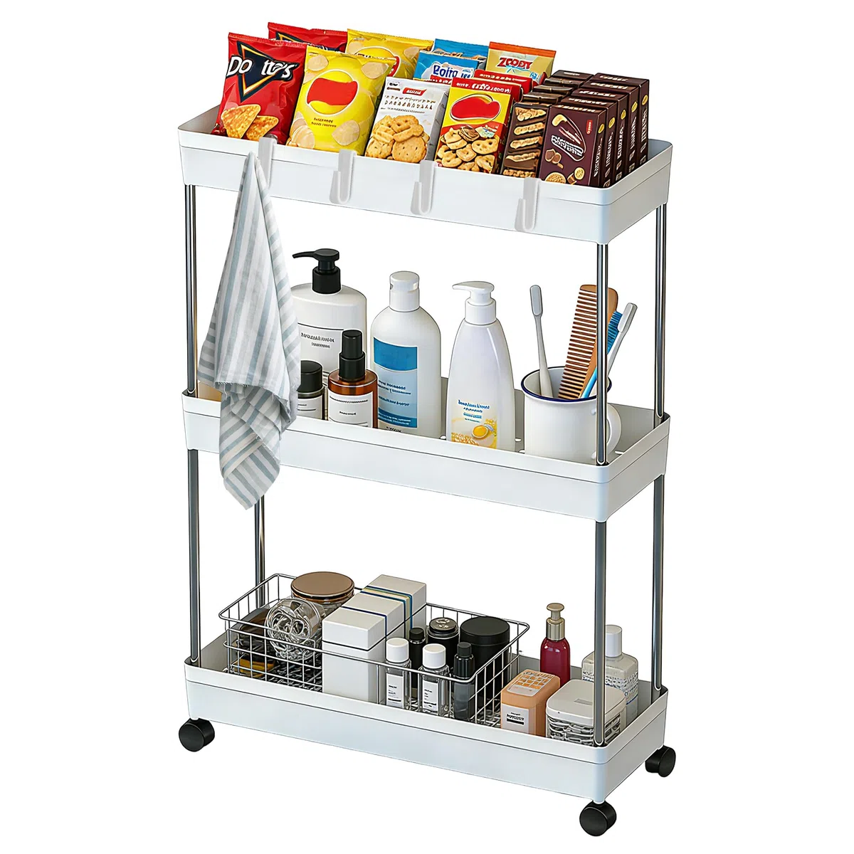 Carrellino con Ruote Portatutto a 3 Ripiani, Carrello Cucina e Mobiletto Bagno Salvaspazio, Scaffale Mobile per Casa, Ufficio e Lavanderia, in Plastica e Acciaio, Bianco