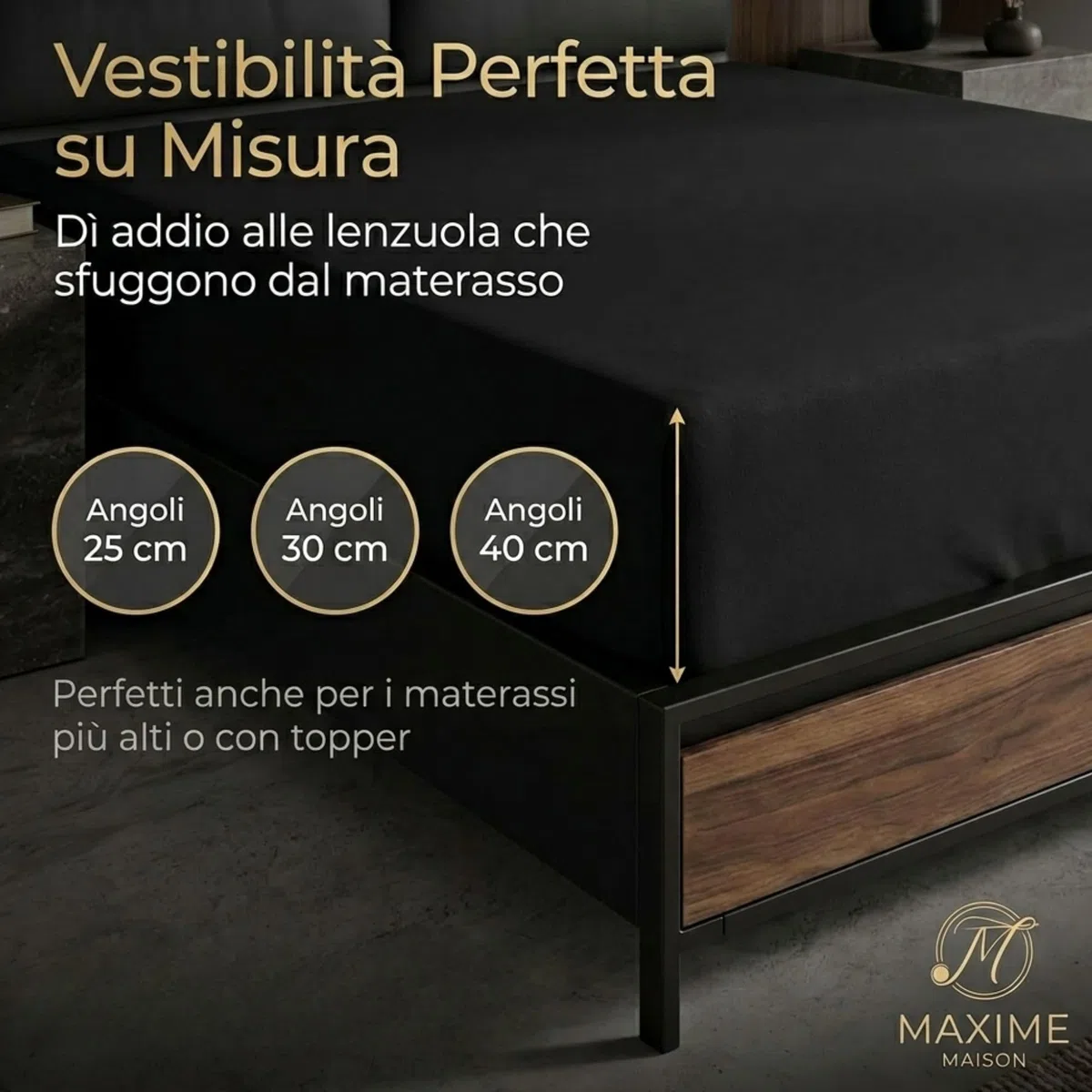 MAXIME MAISON - Lenzuolo con Angoli Matrimoniale 180x200+40 Tessuto 100% Cotone, Lenzuola Matrimoniali Cotone in Traspirante ed Naturalmente Anallergico Realizzate in Italia (Grigio Scuro)