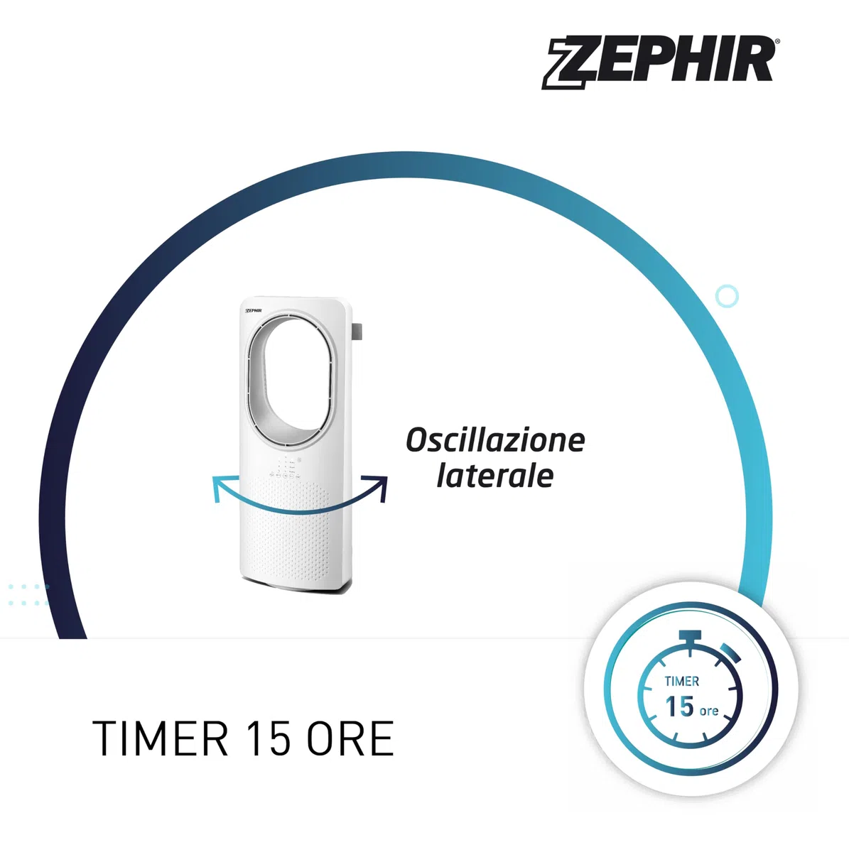 Zephir, Ventilalatore a Torre Senza Pale, 3 Velocità, 3 Modalità di Fusso d'aria, Ventilatore Oscillante, Display LED, Comando Touch, Timer 15 ore, Telecomando, Potenza 50 W