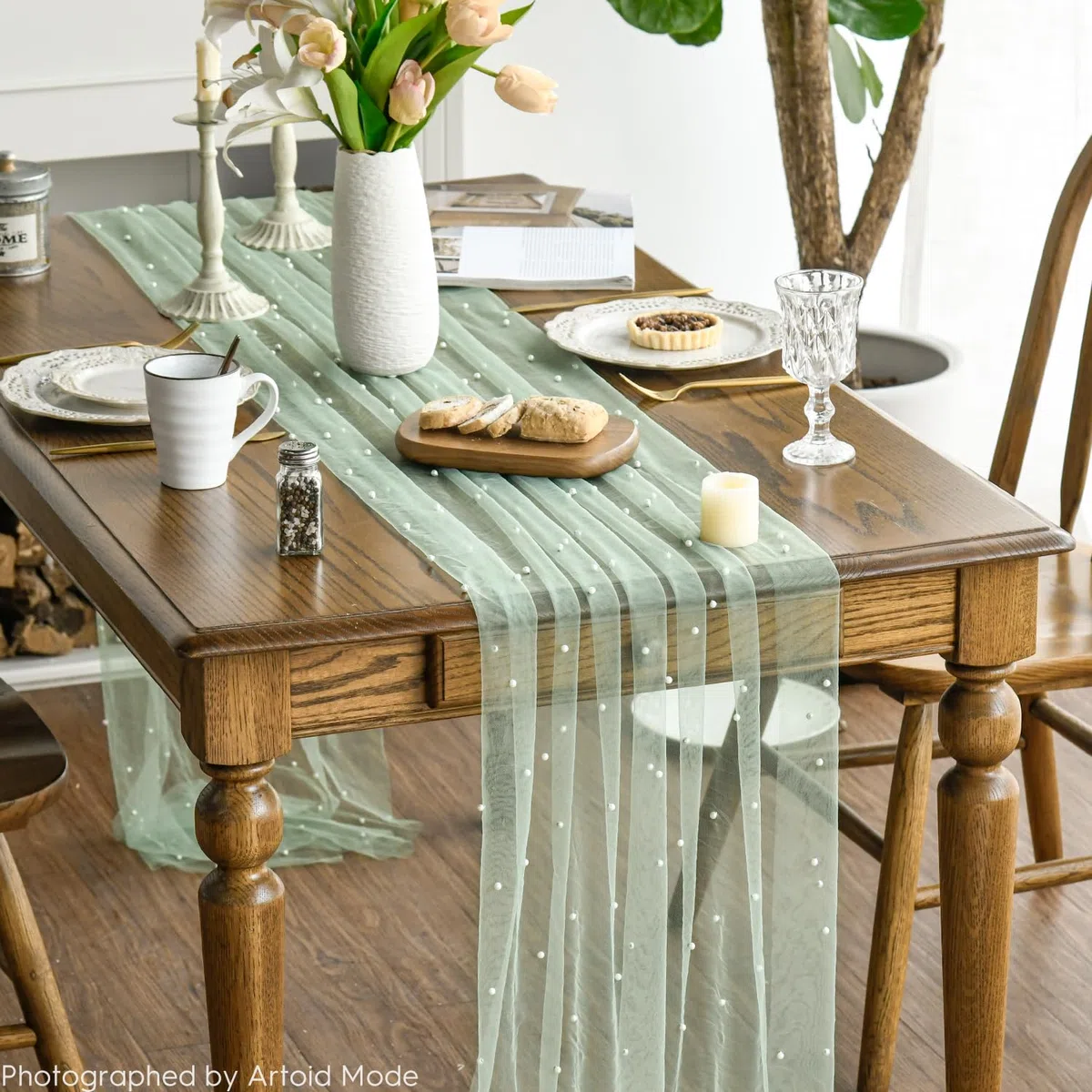 Artoid Mode Runner da tavola in tulle verde erba con perline 70 x 300 cm, decorazione da tavolo in per le vacanze, matrimoni, compleanni, feste