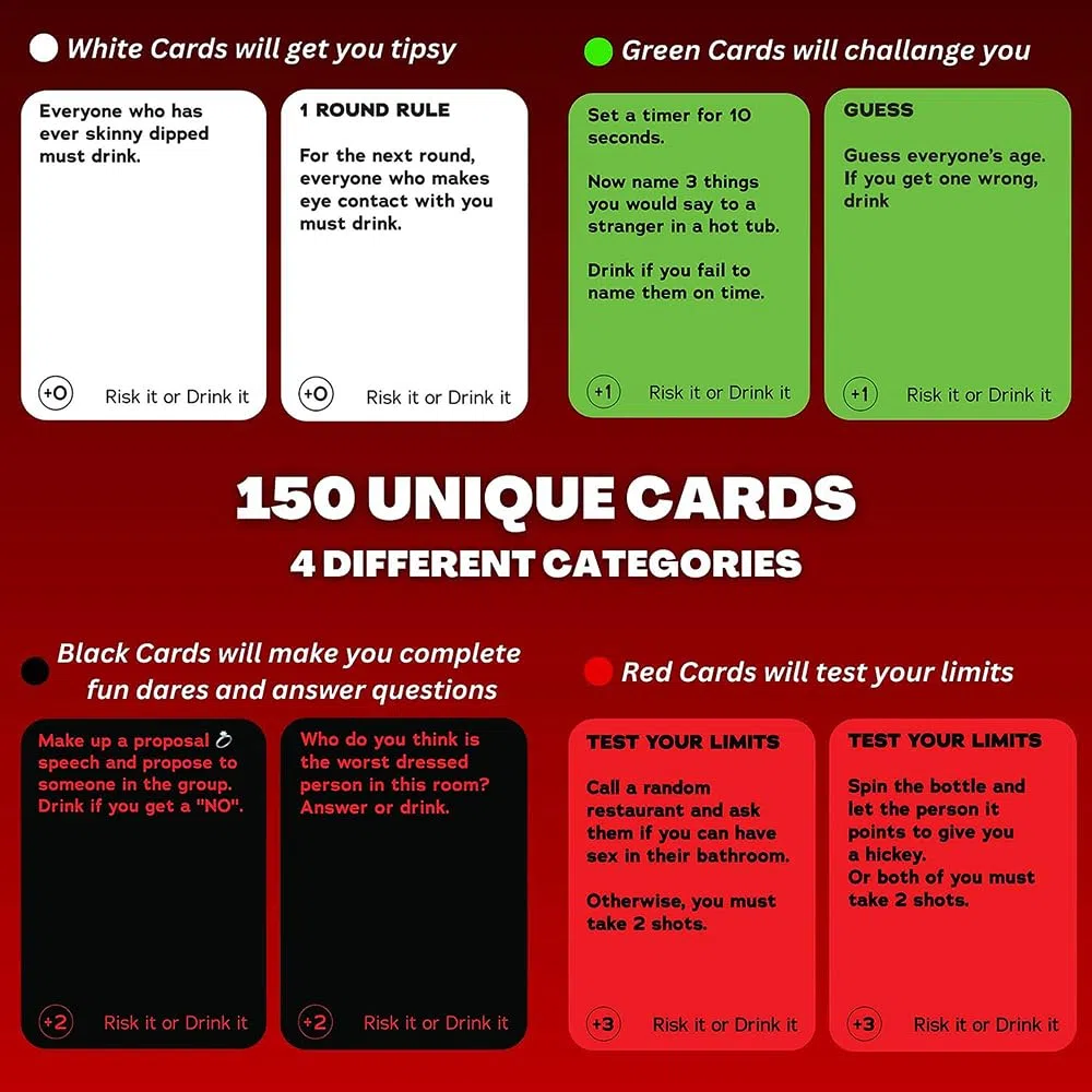Rischio o bevi il gioco di partito divertente per il gioco di carte del college, prepartita del gioco bevente, partiti di carte per adulti