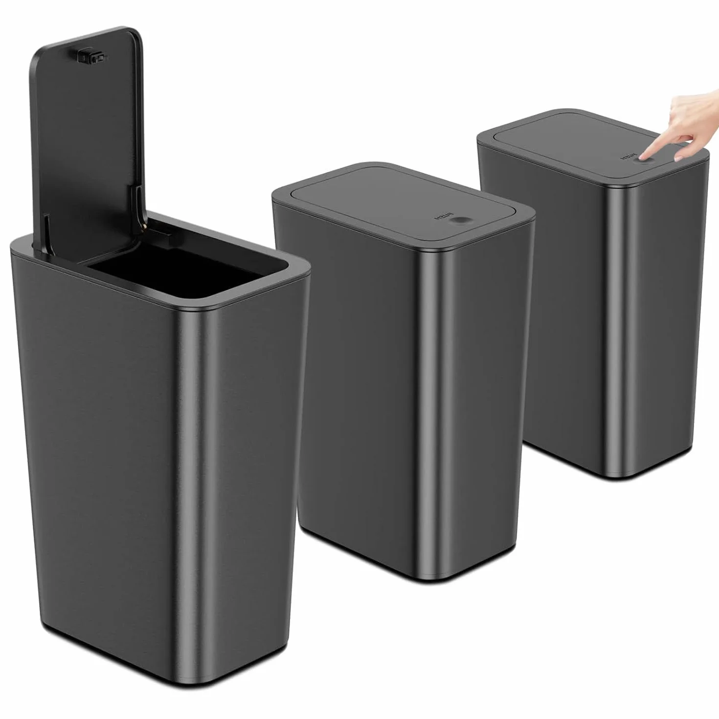 Kongming Pattumiera da bagno, 3 pezzi, da cucina, sottile, 10 l, con coperchio, inodore, per cucina, bagno, ufficio, soggiorno, camera da letto, WC (pattumiera nero)