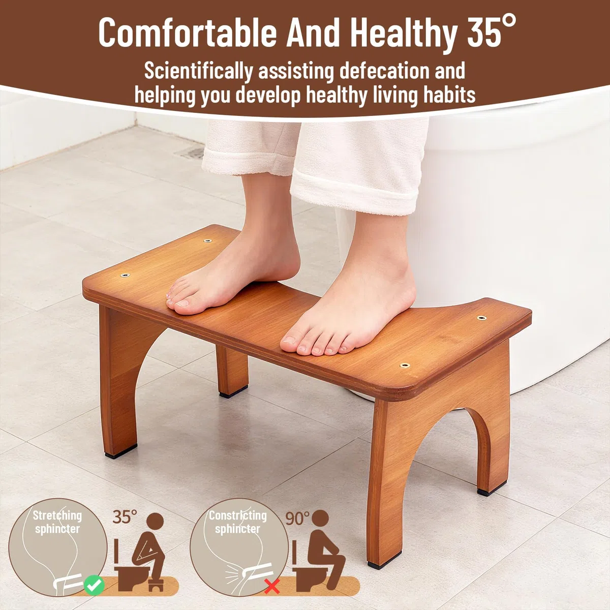 Sgabello WC in Legna, Sgabello WC Ergonomico per Adulti, Sgabello Da Bagno Pieghevole per Stitichezza E Gonfiore, Sgabello Salvaspazio per WC E Bagno