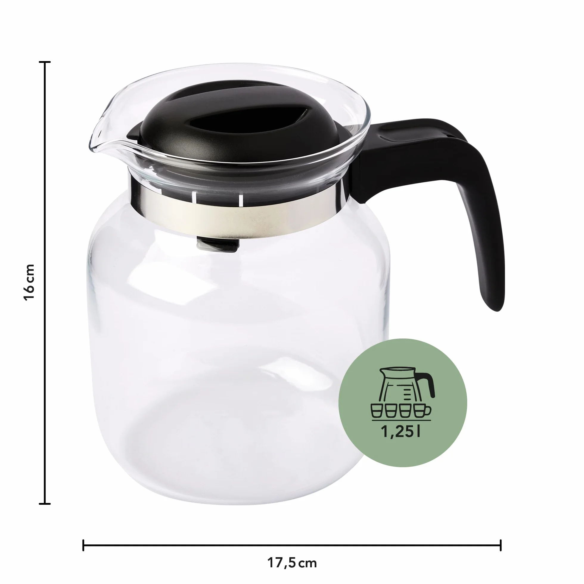 Wenco Caraffa in vetro da 1,25 l, ideale per tè, caffè e bevande fredde, resistente al calore, con coperchio e apertura beccuccio, lavabile in lavastoviglie e infrangibile, trasparente/nero