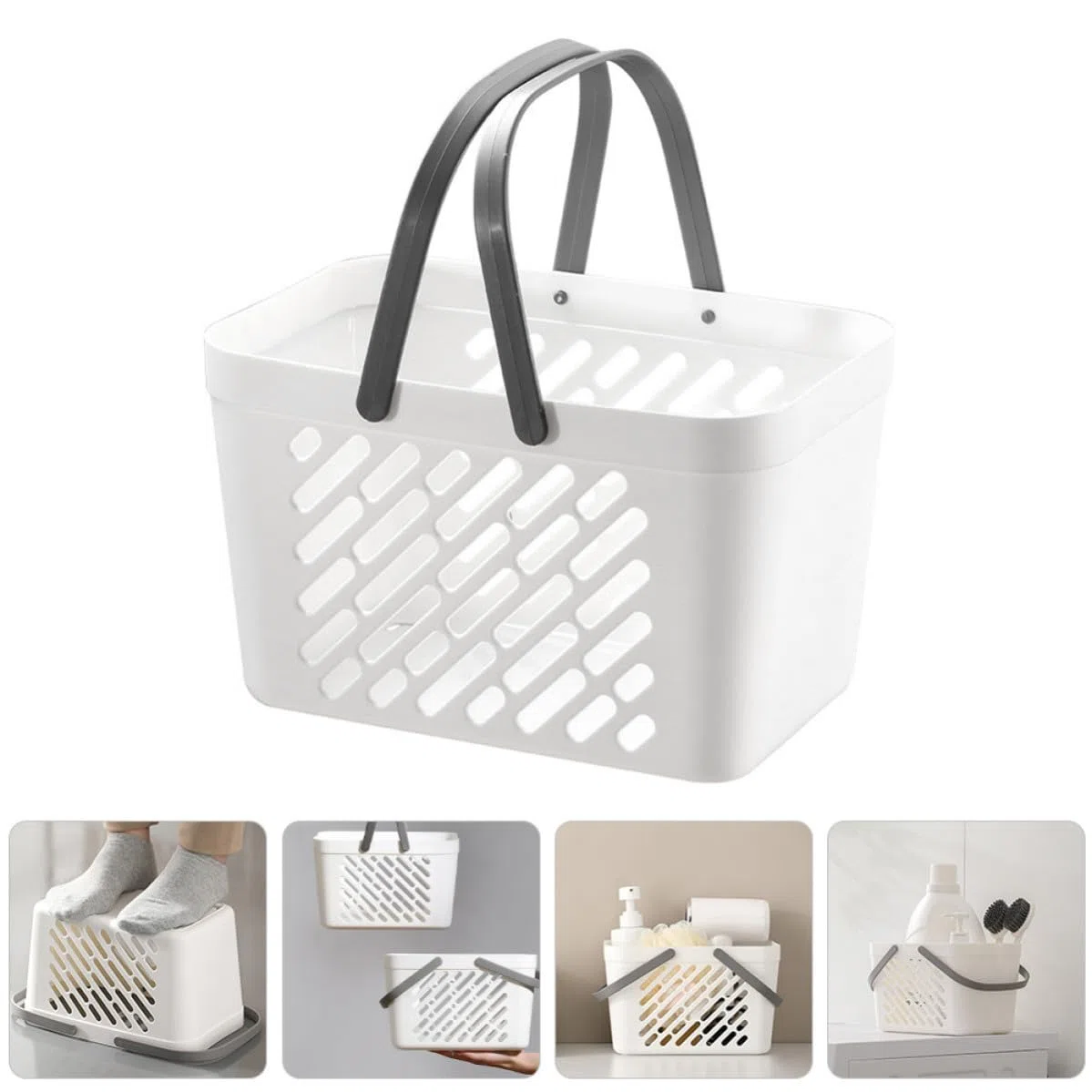 OSALADI Cestino da Bagno in Plastica Bianco Doppia Maniglia e Design Traforato, Grande Capacità per Organizzare Accessori e Cosmetici in Soggiorno o Armadio