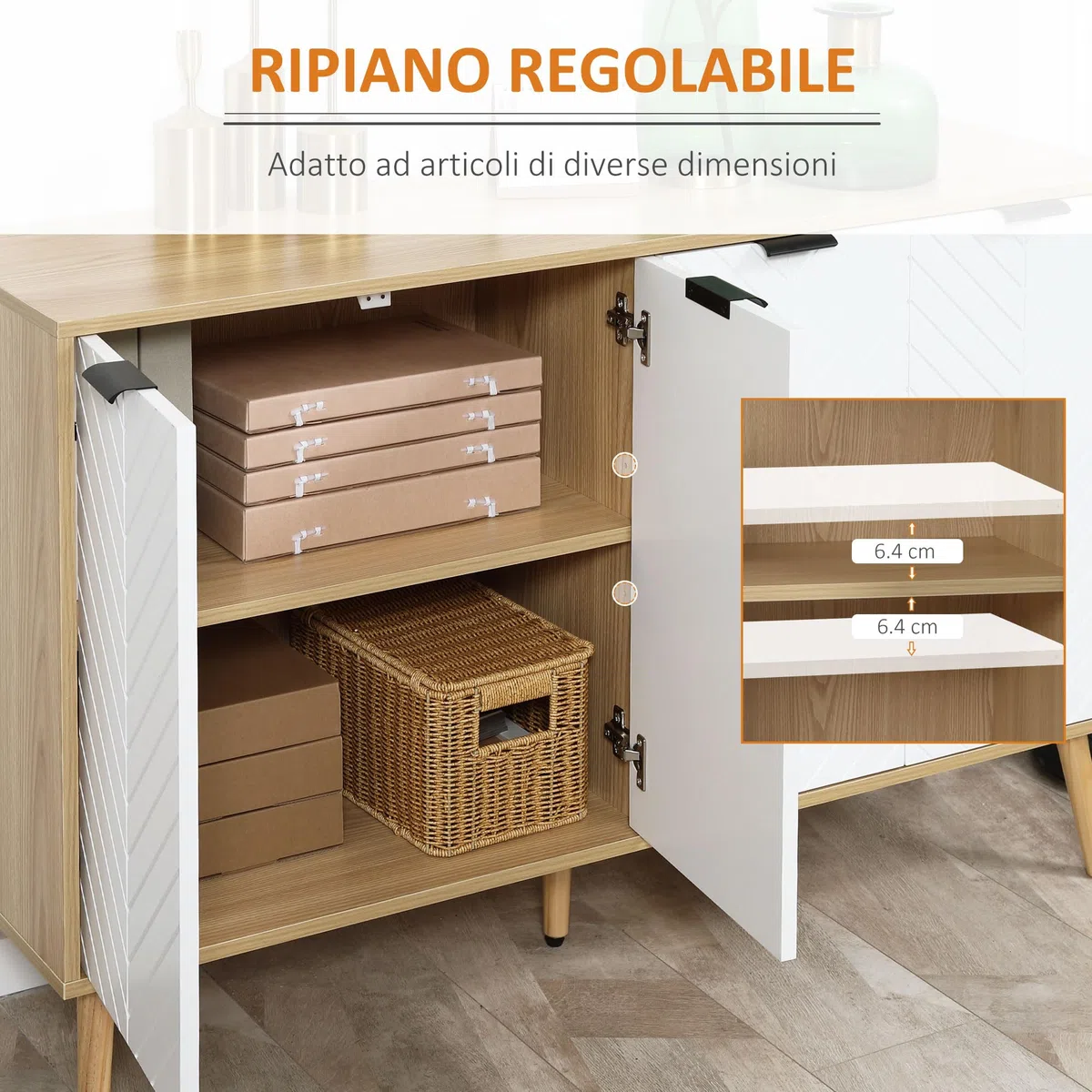 HOMCOM Credenza Cucina, Mobile Cucina con Ripiani Regolabili e Gambe in Legno di Pino, Credenza Buffet Moderno per Soggiorno, Salotto, Sala da Pranzo, 120x35x77.4cm, Naturale e Bianco