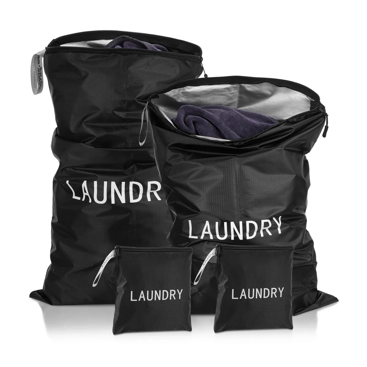 4 Pezzi Sacco Portabiancheria Sporca,Pieghevole Sacco Biancheria Sporca con Cerniera,Laundry Bag per L'allenamento di Nuoto e Yoga,Sacca Impermeabile per Viaggio Vacanza in Famiglia(Nero)