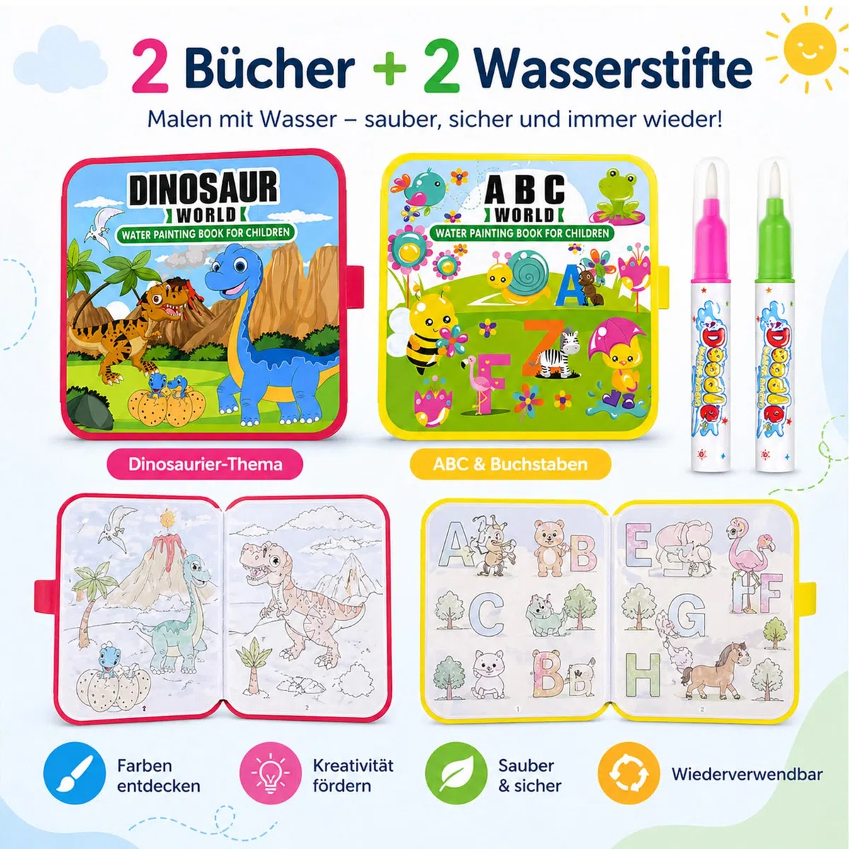 LEMONSTONE 2 libri da colorare ad acqua a partire da 1 2 3 anni, libro da colorare riutilizzabile con 2 penne ad acqua, libro magico per bambini e ragazze, 20 x 20 cm